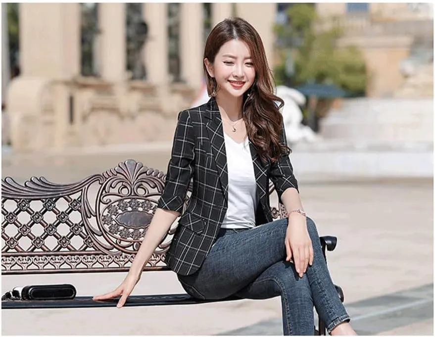 Women's Checked Blazer Single Breasted Button Notch Lapel CasualDaily Plaid Jacket