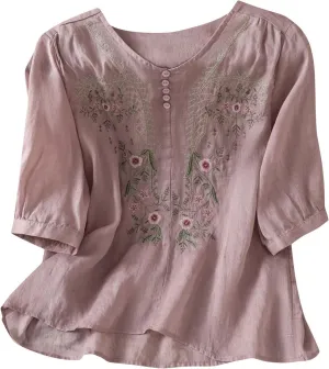 Womens Cotton Linen Button Top 3/4 Sleeve Shirts 2025 Spring Summer Casual Boho Tees Vintage Embroidered Blouse
