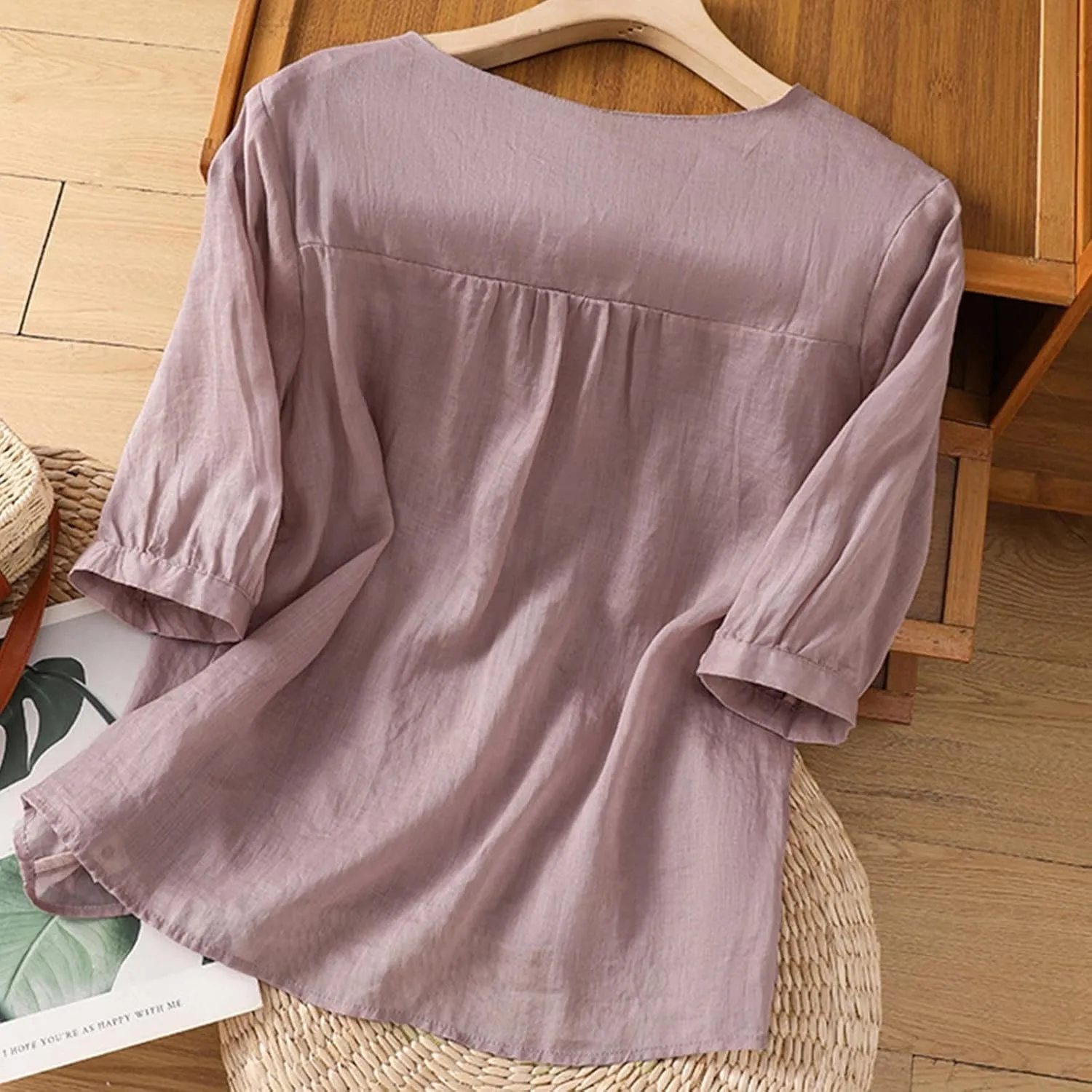 Womens Cotton Linen Button Top 3/4 Sleeve Shirts 2025 Spring Summer Casual Boho Tees Vintage Embroidered Blouse