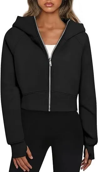 Women's Cropped Zipper Short Hooded Sweatshirt Fashionable Long Sleeved Sweatshirt With Fleece Clip