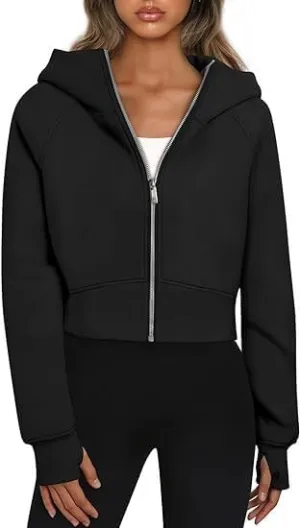 Women's Cropped Zipper Short Hooded Sweatshirt Fashionable Long Sleeved Sweatshirt With Fleece Clip