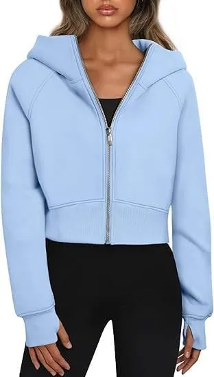 Women's Cropped Zipper Short Hooded Sweatshirt Fashionable Long Sleeved Sweatshirt With Fleece Clip