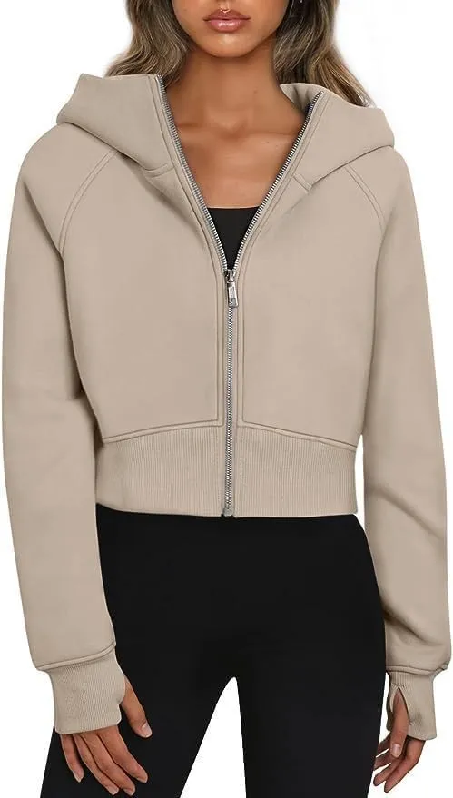 Women's Cropped Zipper Short Hooded Sweatshirt Fashionable Long Sleeved Sweatshirt With Fleece Clip