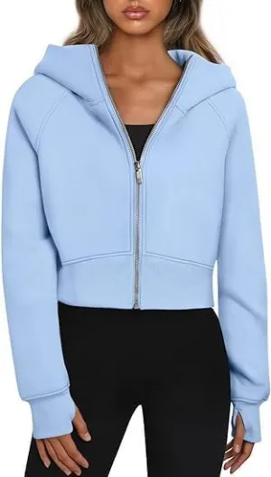 Women's Cropped Zipper Short Hooded Sweatshirt Fashionable Long Sleeved Sweatshirt With Fleece Clip