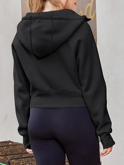 Women's Cropped Zipper Short Hooded Sweatshirt Fashionable Long Sleeved Sweatshirt With Fleece Clip
