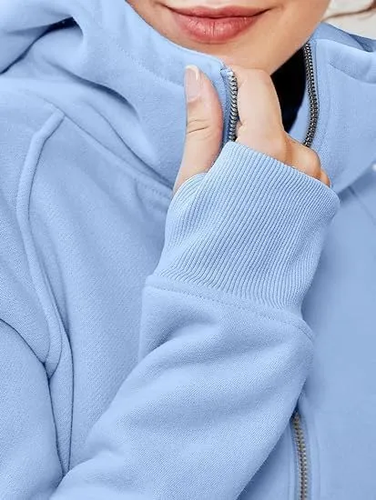 Women's Cropped Zipper Short Hooded Sweatshirt Fashionable Long Sleeved Sweatshirt With Fleece Clip
