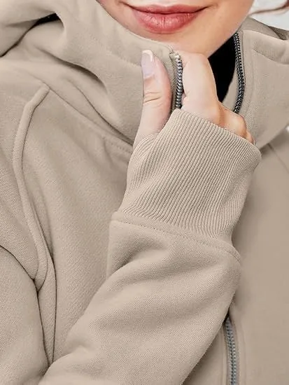 Women's Cropped Zipper Short Hooded Sweatshirt Fashionable Long Sleeved Sweatshirt With Fleece Clip