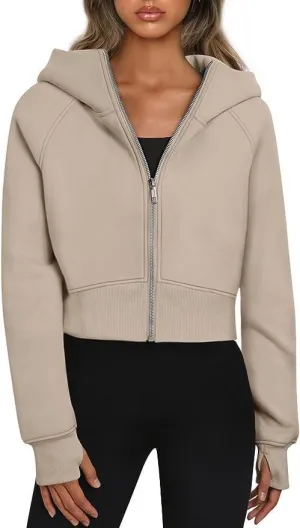 Women's Cropped Zipper Short Hooded Sweatshirt Fashionable Long Sleeved Sweatshirt With Fleece Clip