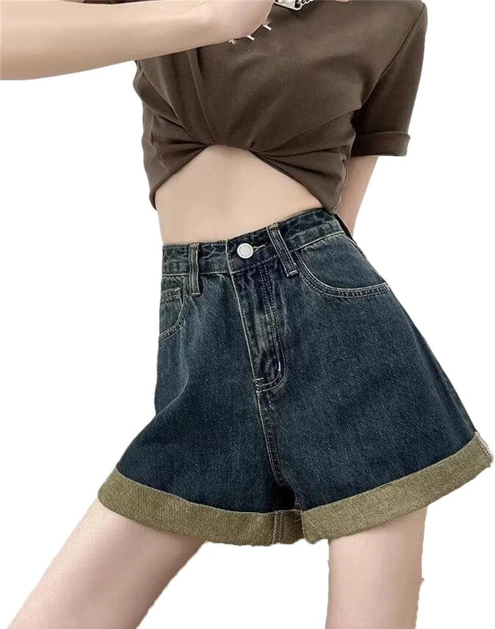 Women's Curled Thin Denim Shorts Summer High Waisted Mini Casual Straight Shorts, Small, Deep Blue