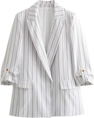Womens Notched Lapel Work Business Blazer Roll Up Long Sleeve Dressy Formal Ofifce Jackets Suit Solid Color Trendy