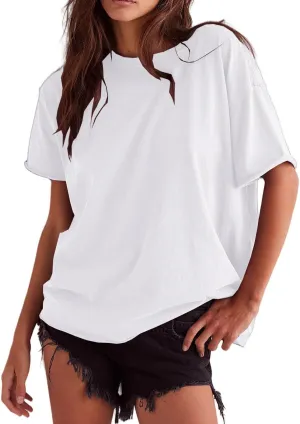 Womens Oversized Shirt Summer Casual Trendy Tshirts Cotton Crewneck Short Sleeve Basic Tops Tees