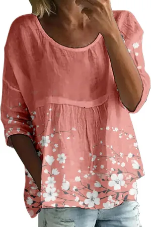 Womens Peasant Boho Tunic Tops 2025 Floral Printed 3/4 Length Sleeve Casual Loose Fit Summer Flowy Babydoll Blouses