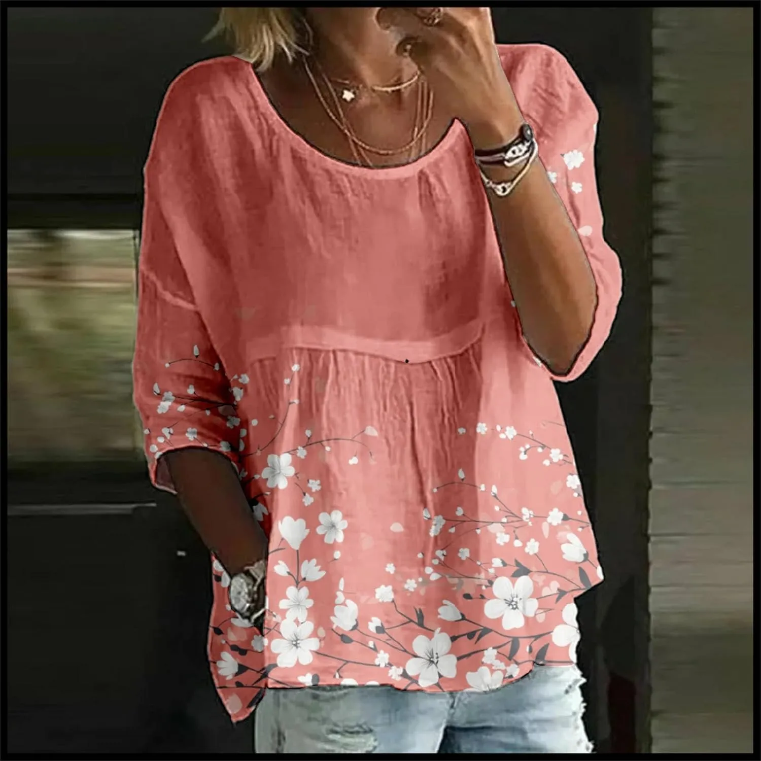 Womens Peasant Boho Tunic Tops 2025 Floral Printed 3/4 Length Sleeve Casual Loose Fit Summer Flowy Babydoll Blouses