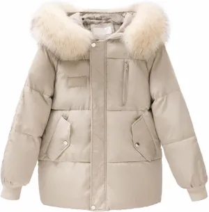Women's Puffer Jacket Warm Thickened Zip Up Down Jacket Quilted Parkas with Faux Fur Hood Casual Outerwear Pockets
