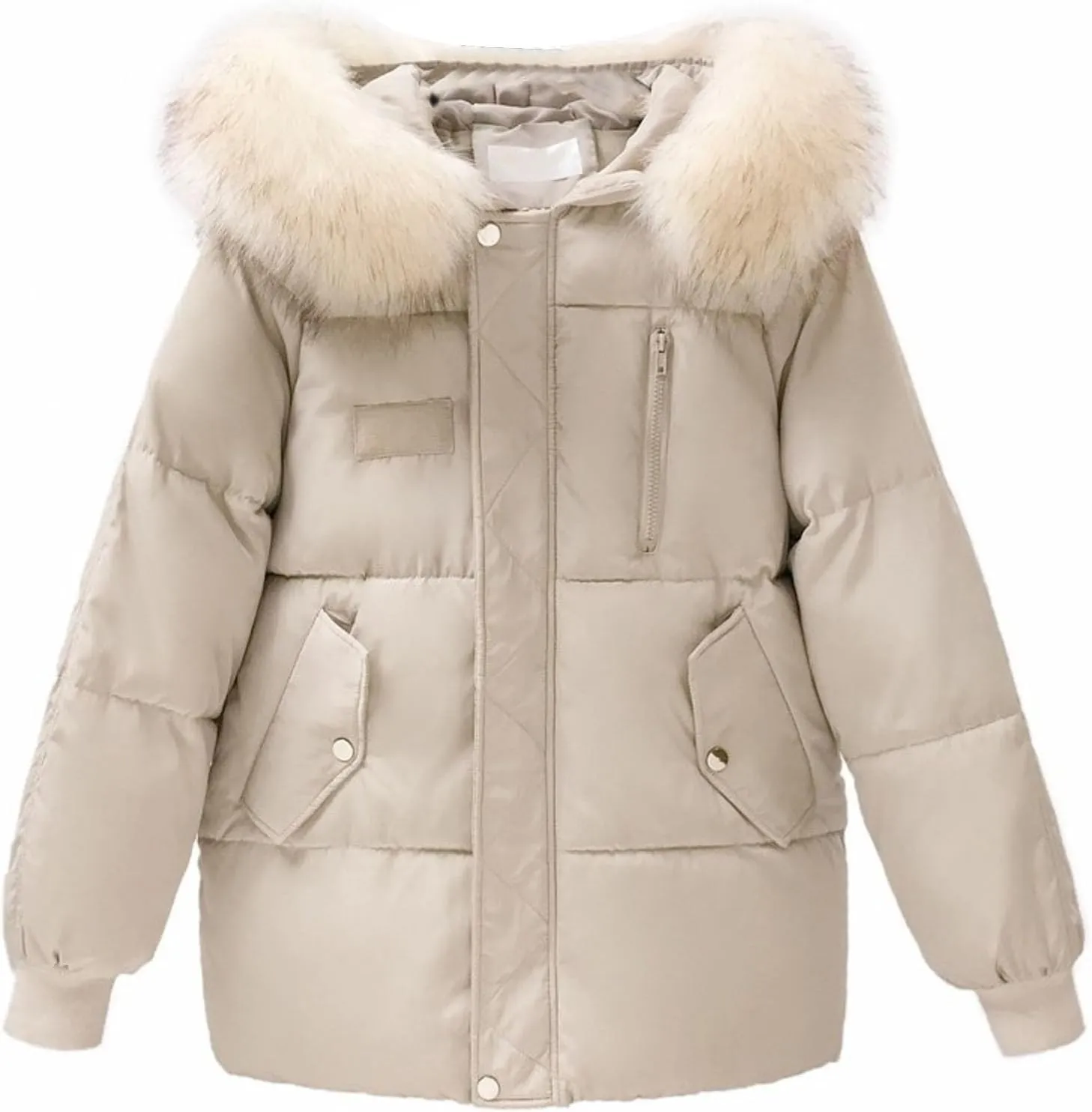 Women's Puffer Jacket Warm Thickened Zip Up Down Jacket Quilted Parkas with Faux Fur Hood Casual Outerwear Pockets