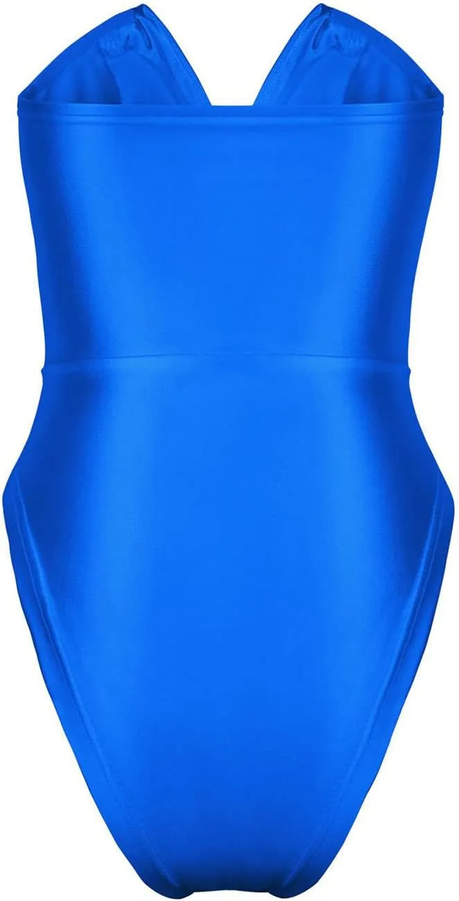 Women's Sexy V Neck Strapless Tube Top Bodysuits High Waist Thong Leotard Going Out Party Nightclub Clothing with Snap Cortch