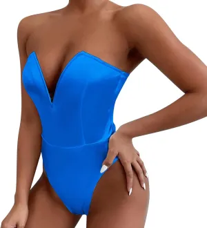 Women's Sexy V Neck Strapless Tube Top Bodysuits High Waist Thong Leotard Going Out Party Nightclub Clothing with Snap Cortch