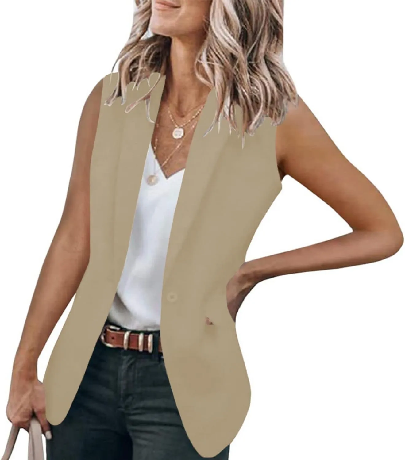 Women's Sleeveless Blazers Business Casual Open Front Cardigan Vest Work Office Tops Solid Color Jacket Waistcoat