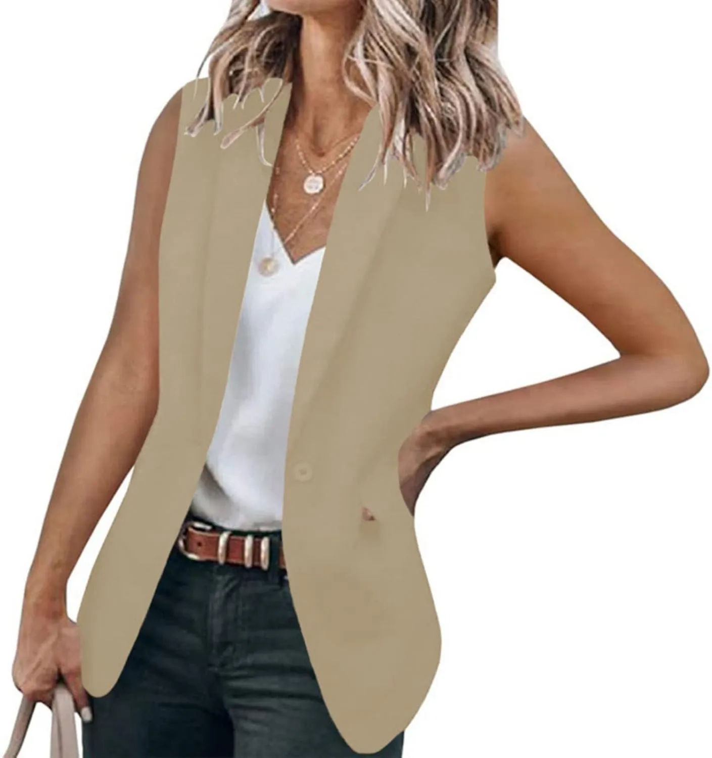 Women's Sleeveless Blazers Business Casual Open Front Cardigan Vest Work Office Tops Solid Color Jacket Waistcoat