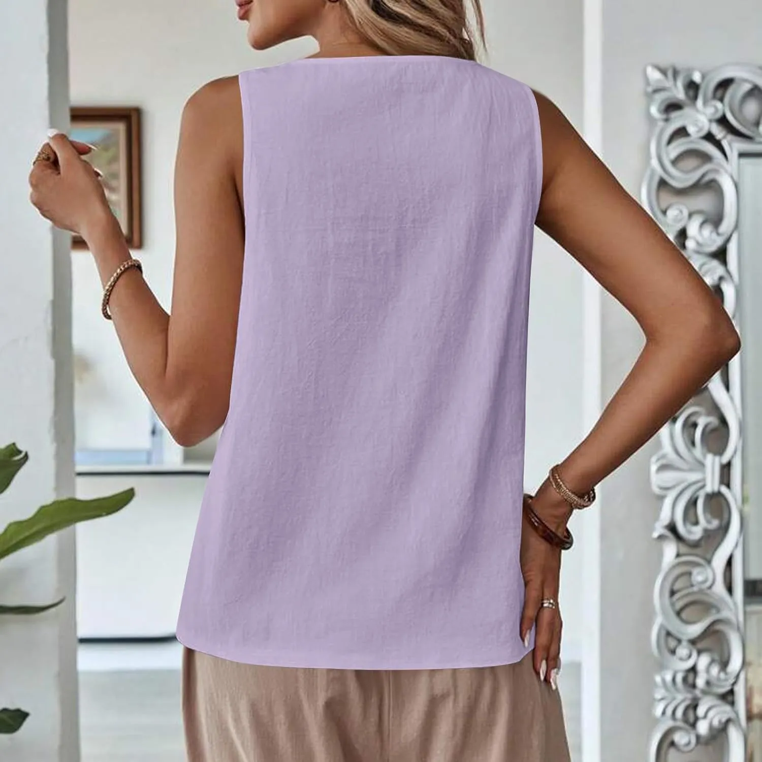 Women's Solid Color Lace Hollow V Neck Sleeveless Cotton Linen Summer Casual Loose Tank Tops