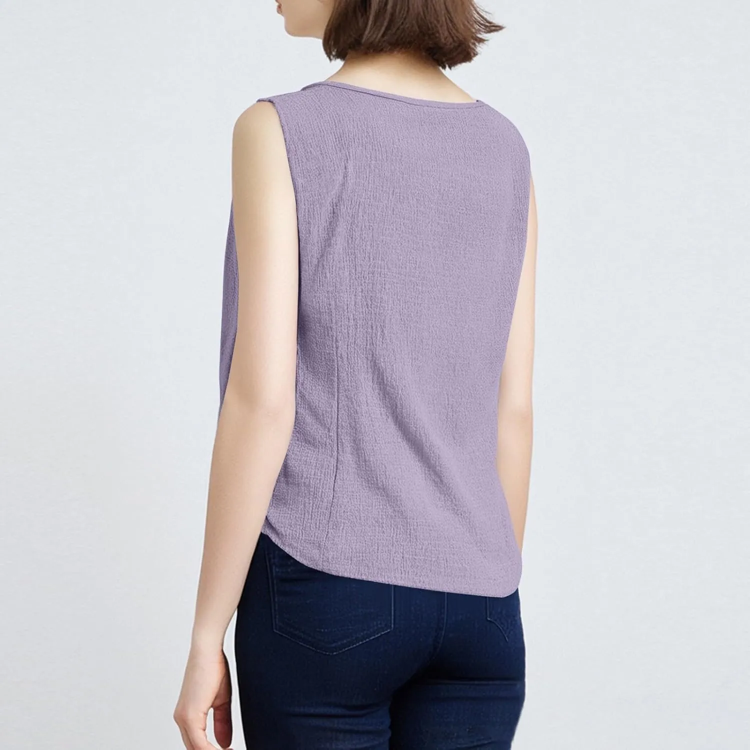 Women's Solid Color Lace Hollow V Neck Sleeveless Cotton Linen Summer Casual Loose Tank Tops
