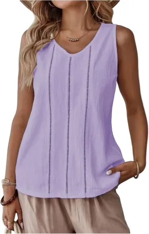 Women's Solid Color Lace Hollow V Neck Sleeveless Cotton Linen Summer Casual Loose Tank Tops