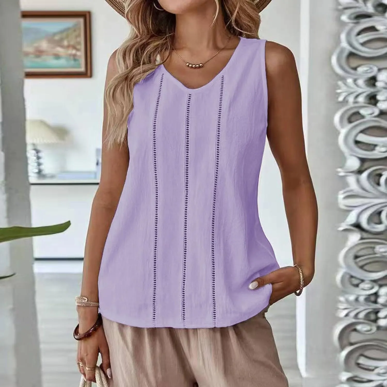 Women's Solid Color Lace Hollow V Neck Sleeveless Cotton Linen Summer Casual Loose Tank Tops