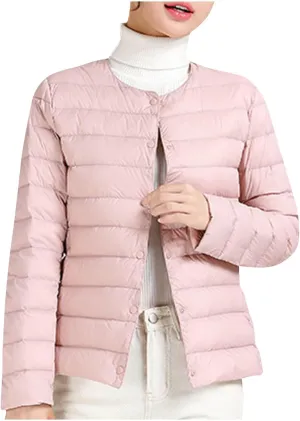 Women's Solid Color Lightweight Down Jacket Round Neck Short Jacket Long Sleeved Puffer Jacket Duck Winter caots