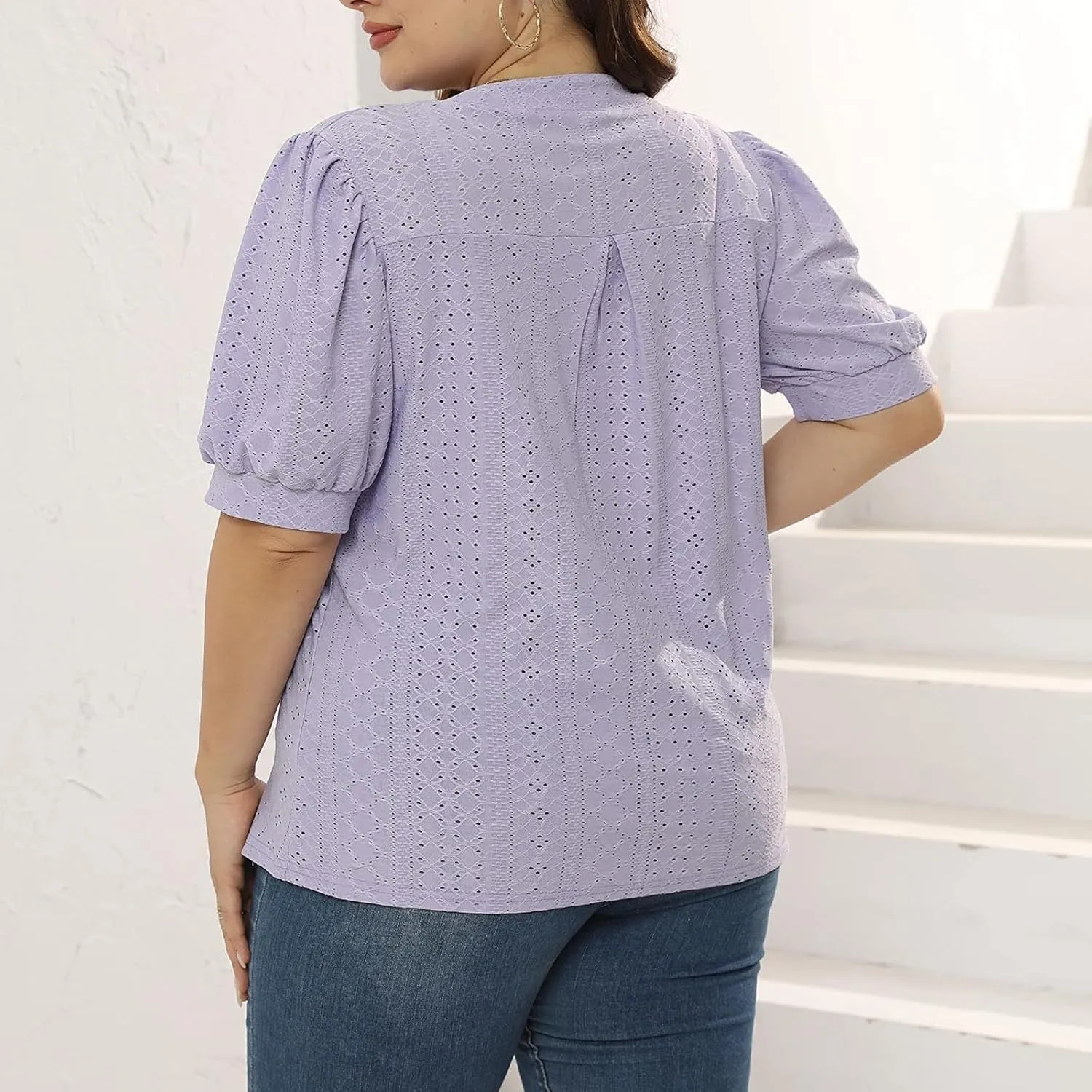 Womens Summer Notch V Neck T Shirts Puff Short Sleeve Eyelet Tops Loose Fit Dressy Casual Tunic Blouses Plus Szie