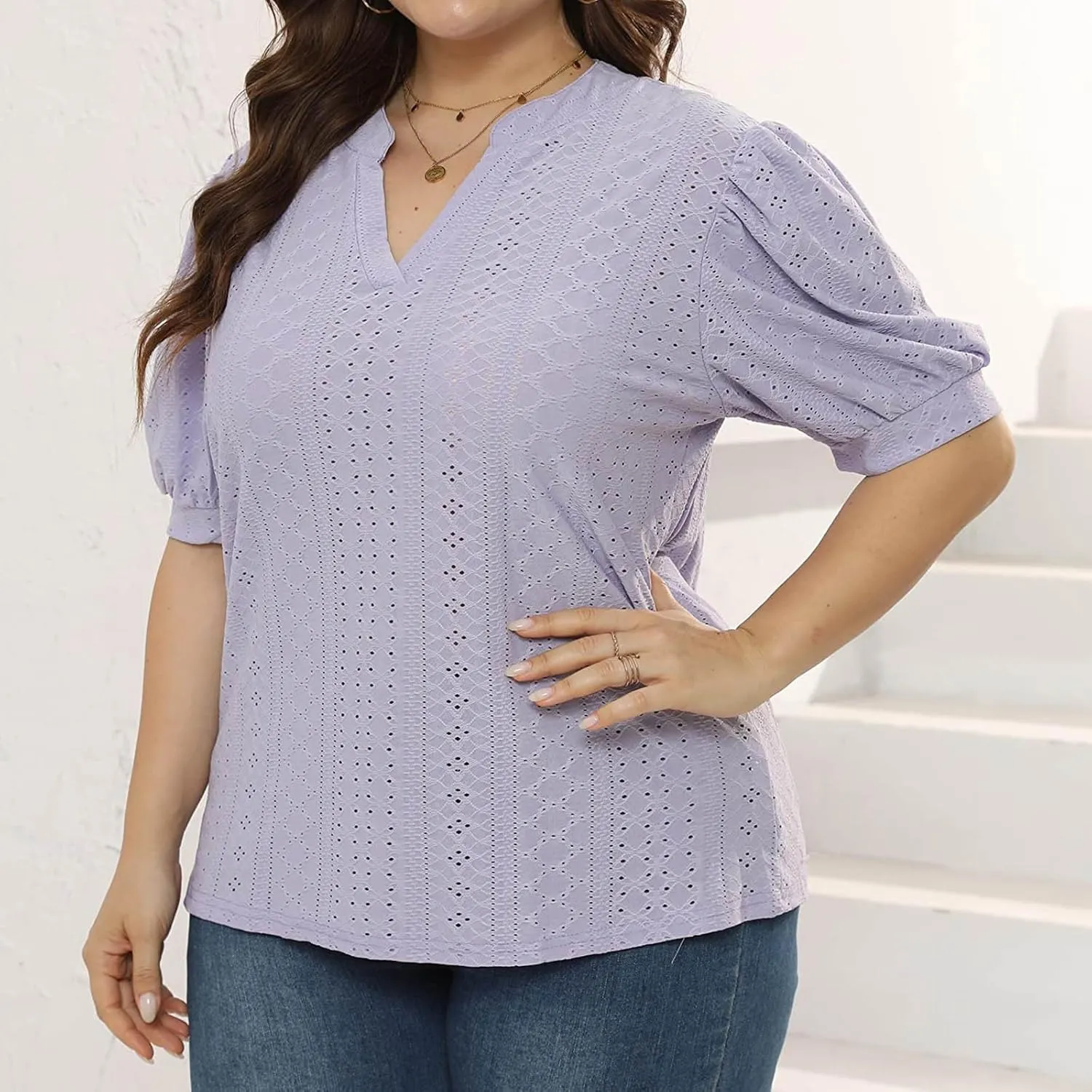 Womens Summer Notch V Neck T Shirts Puff Short Sleeve Eyelet Tops Loose Fit Dressy Casual Tunic Blouses Plus Szie
