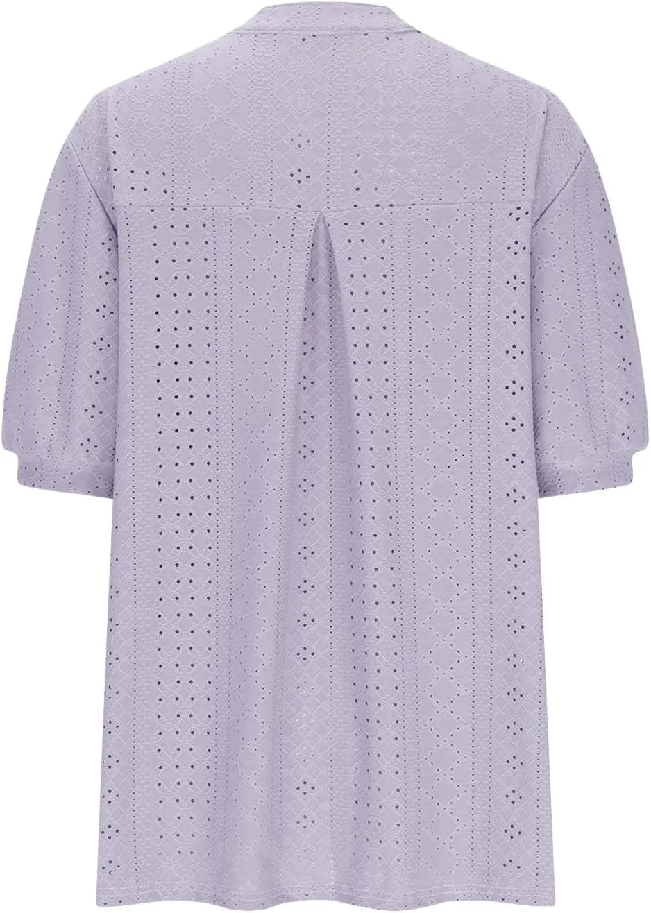 Womens Summer Notch V Neck T Shirts Puff Short Sleeve Eyelet Tops Loose Fit Dressy Casual Tunic Blouses Plus Szie