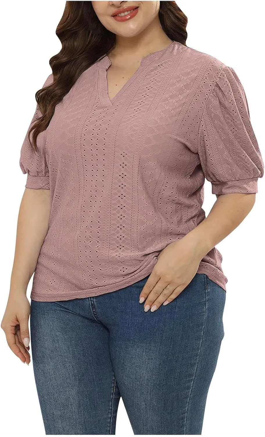 Womens Summer Notch V Neck T Shirts Puff Short Sleeve Eyelet Tops Loose Fit Dressy Casual Tunic Blouses Plus Szie