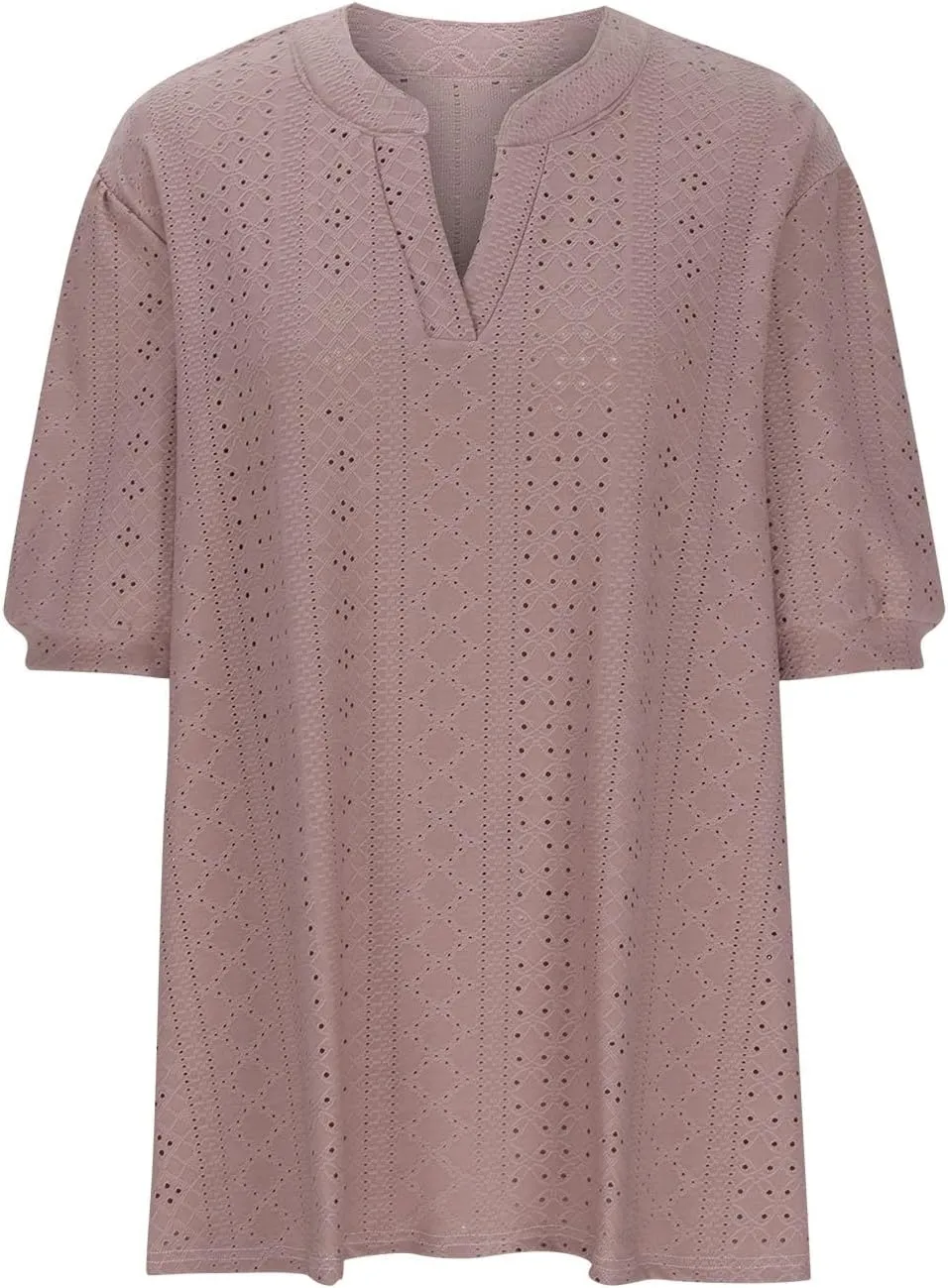 Womens Summer Notch V Neck T Shirts Puff Short Sleeve Eyelet Tops Loose Fit Dressy Casual Tunic Blouses Plus Szie
