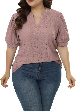 Womens Summer Notch V Neck T Shirts Puff Short Sleeve Eyelet Tops Loose Fit Dressy Casual Tunic Blouses Plus Szie