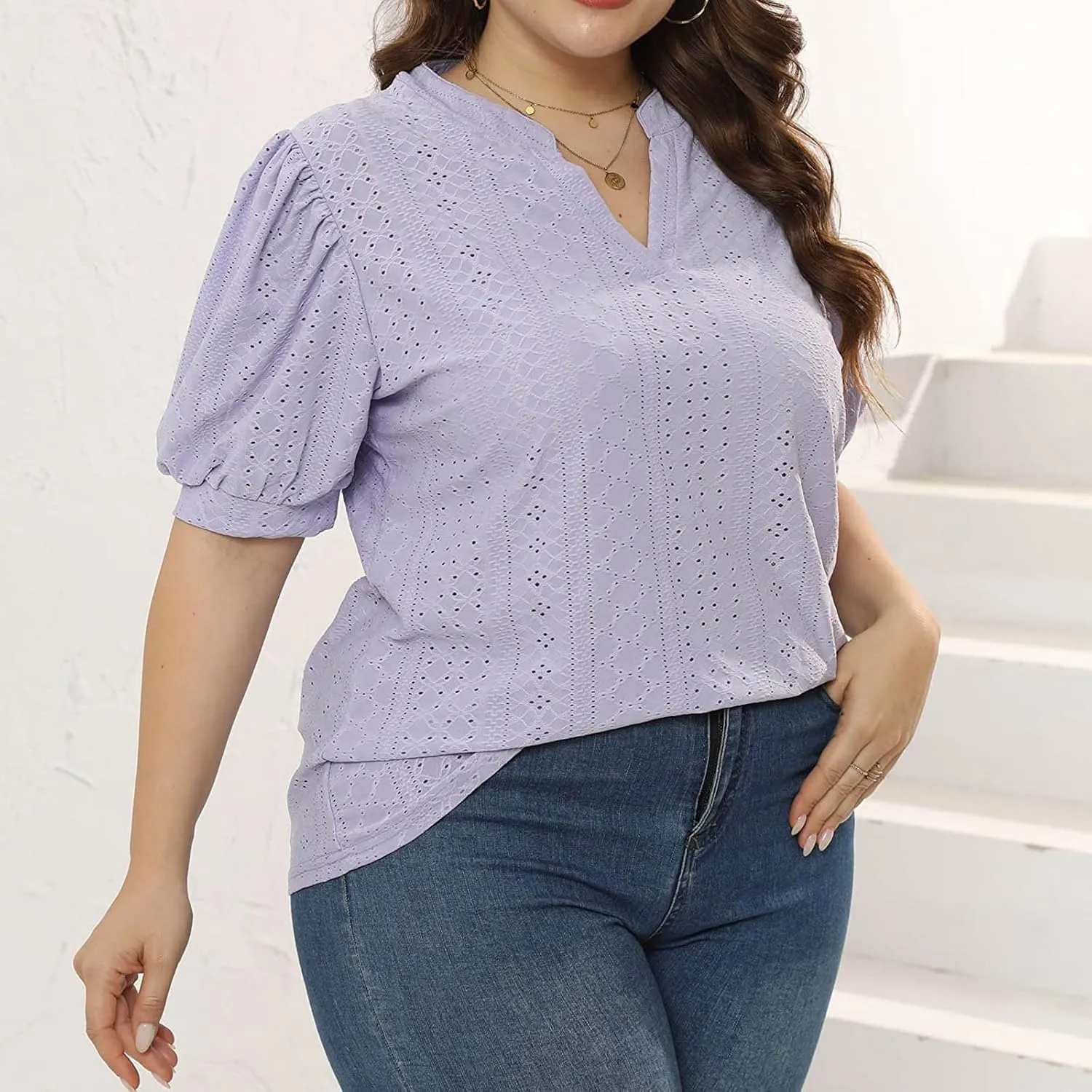 Womens Summer Notch V Neck T Shirts Puff Short Sleeve Eyelet Tops Loose Fit Dressy Casual Tunic Blouses Plus Szie