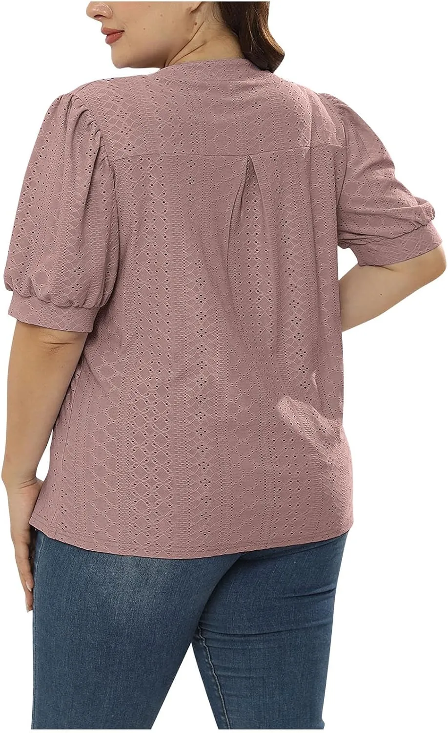 Womens Summer Notch V Neck T Shirts Puff Short Sleeve Eyelet Tops Loose Fit Dressy Casual Tunic Blouses Plus Szie