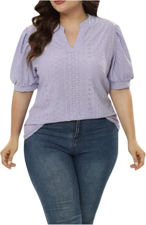Womens Summer Notch V Neck T Shirts Puff Short Sleeve Eyelet Tops Loose Fit Dressy Casual Tunic Blouses Plus Szie