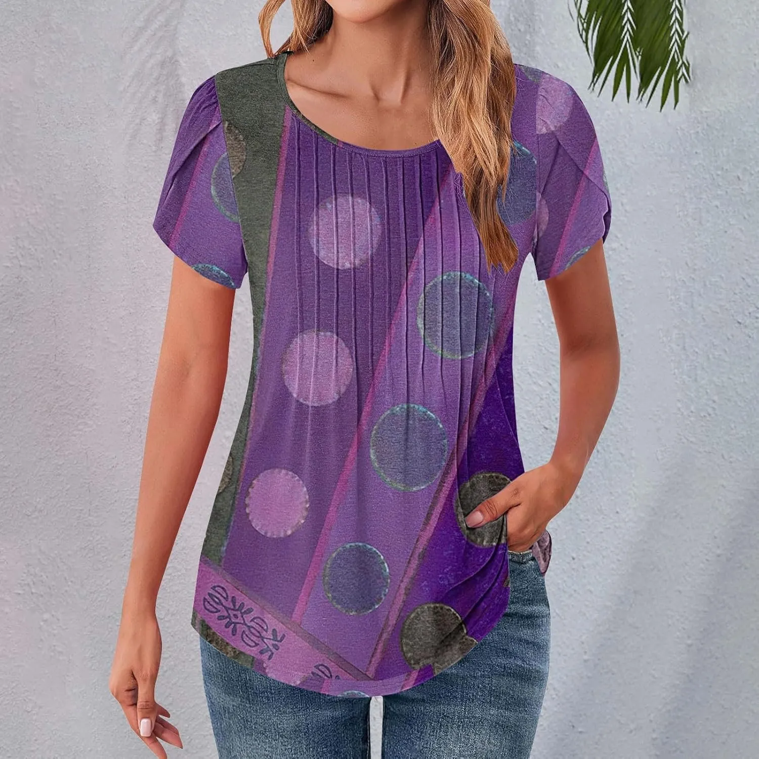 Womens T Shirts Short Sleeve Pleated Dressy Casual V Neck Summer Tops Blouses