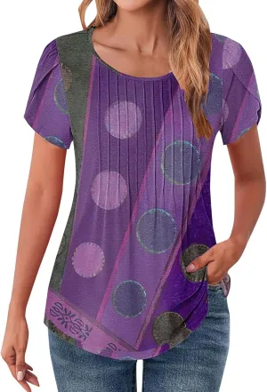 Womens T Shirts Short Sleeve Pleated Dressy Casual V Neck Summer Tops Blouses