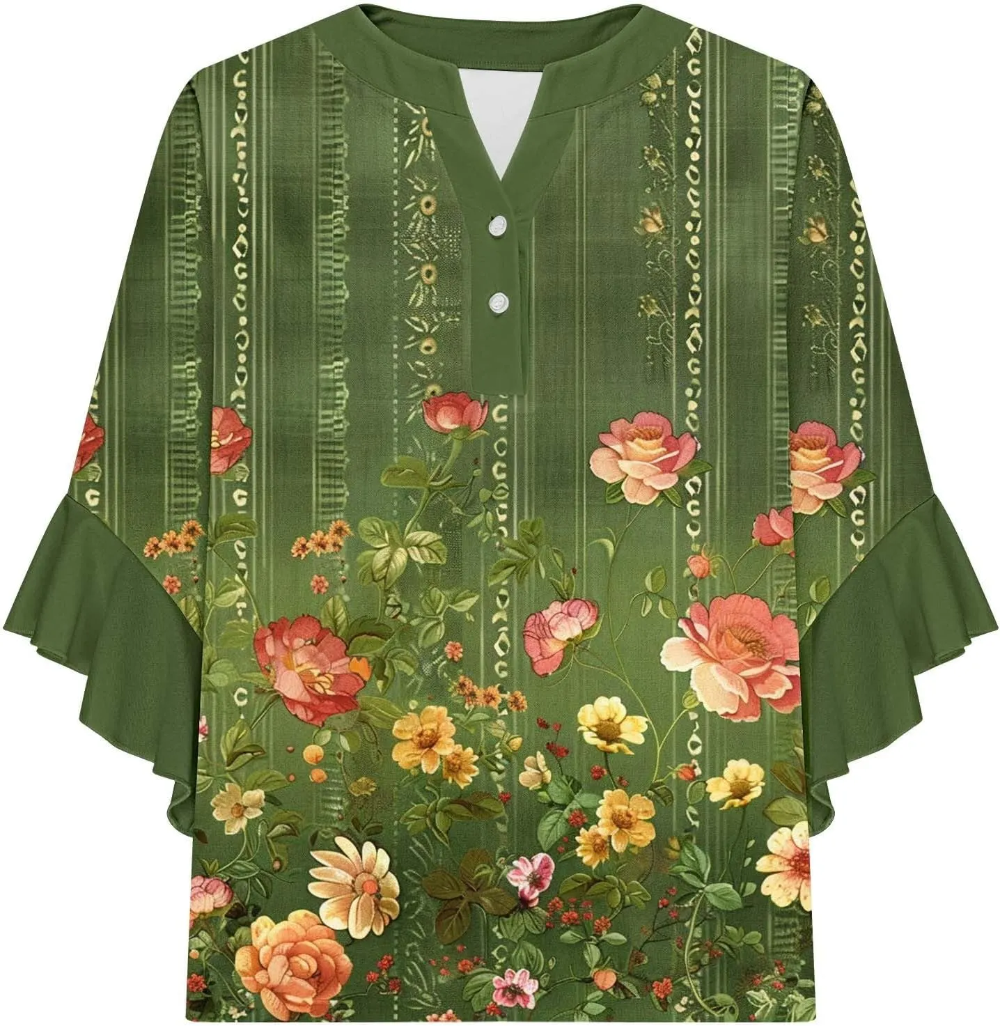 Womens Tops 3/4 Length Sleeves Floral Shirts Summer Flowy Ruffle Sleeve Tops Half Button Down Shirt V Neck Blouse