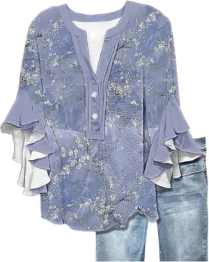 Womens Tops 3/4 Length Sleeves Floral Shirts Summer Flowy Ruffle Sleeve Tops Half Button Down Shirt V Neck Blouse