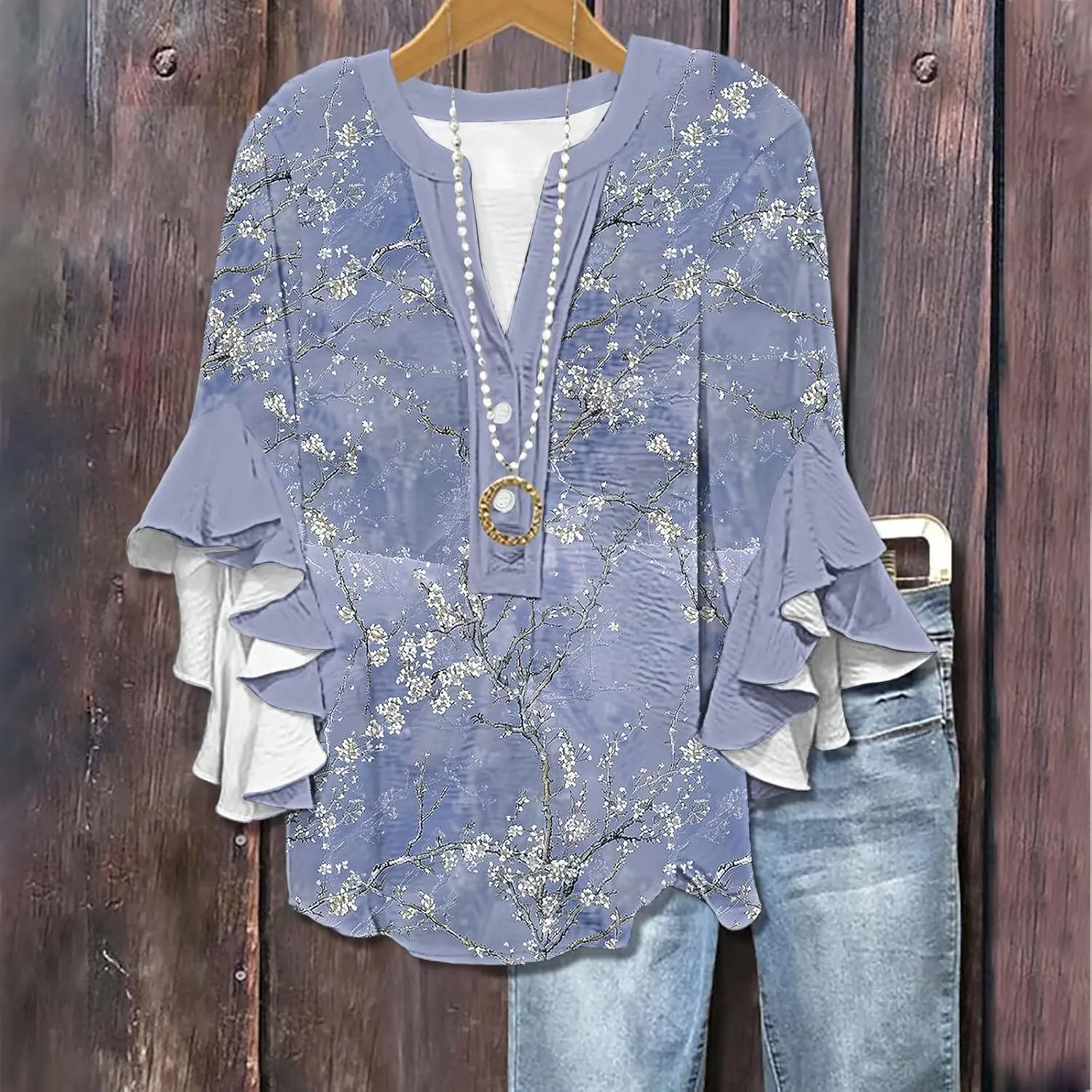 Womens Tops 3/4 Length Sleeves Floral Shirts Summer Flowy Ruffle Sleeve Tops Half Button Down Shirt V Neck Blouse