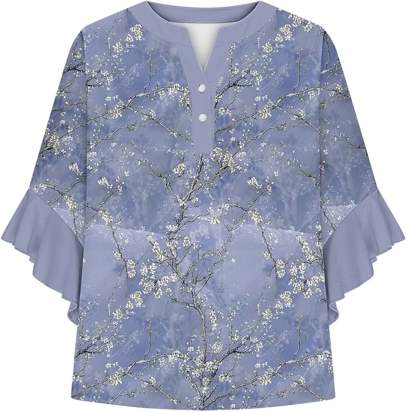 Womens Tops 3/4 Length Sleeves Floral Shirts Summer Flowy Ruffle Sleeve Tops Half Button Down Shirt V Neck Blouse