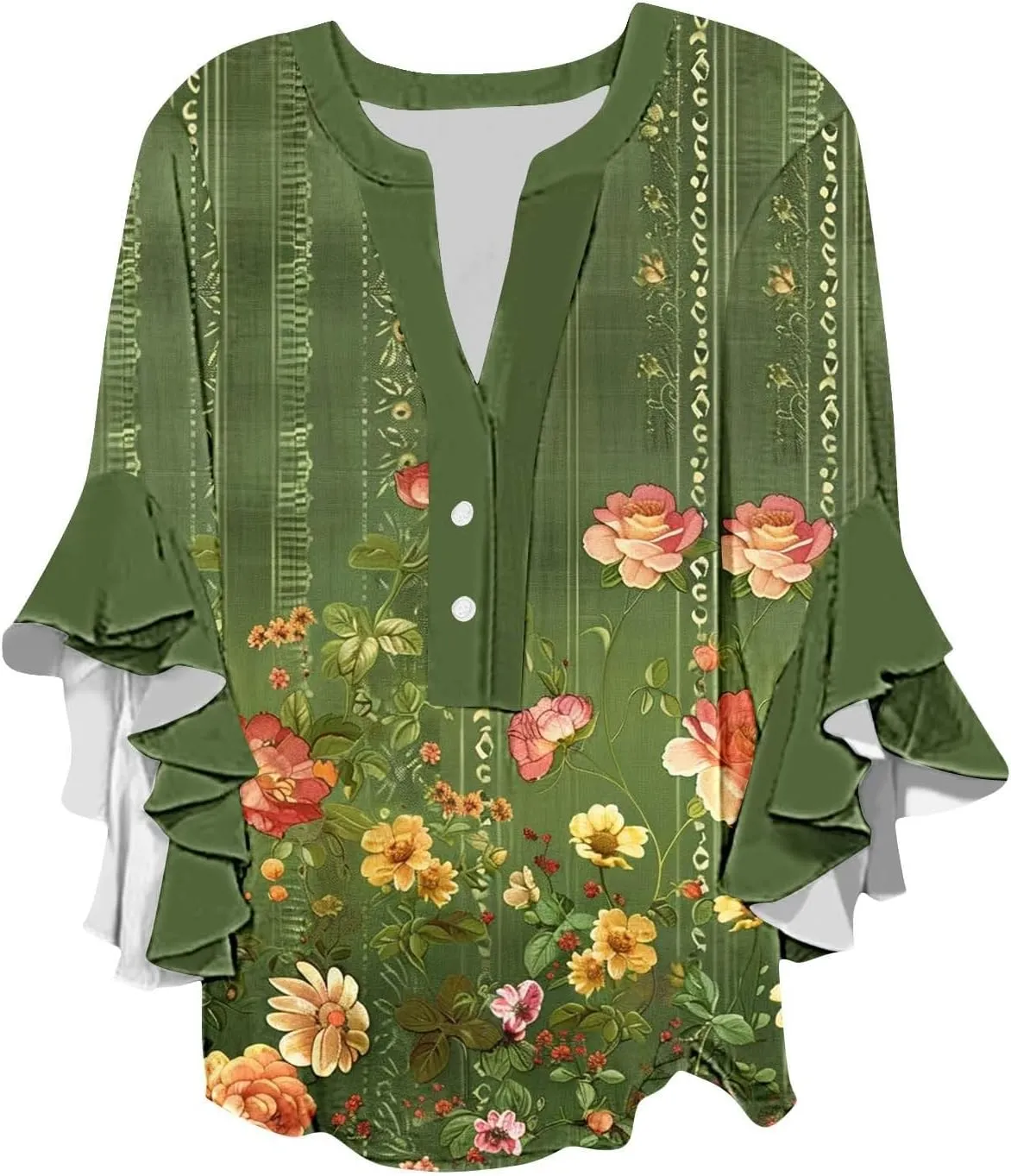 Womens Tops 3/4 Length Sleeves Floral Shirts Summer Flowy Ruffle Sleeve Tops Half Button Down Shirt V Neck Blouse