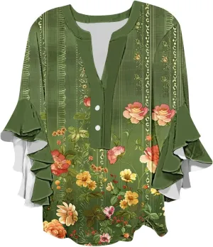 Womens Tops 3/4 Length Sleeves Floral Shirts Summer Flowy Ruffle Sleeve Tops Half Button Down Shirt V Neck Blouse