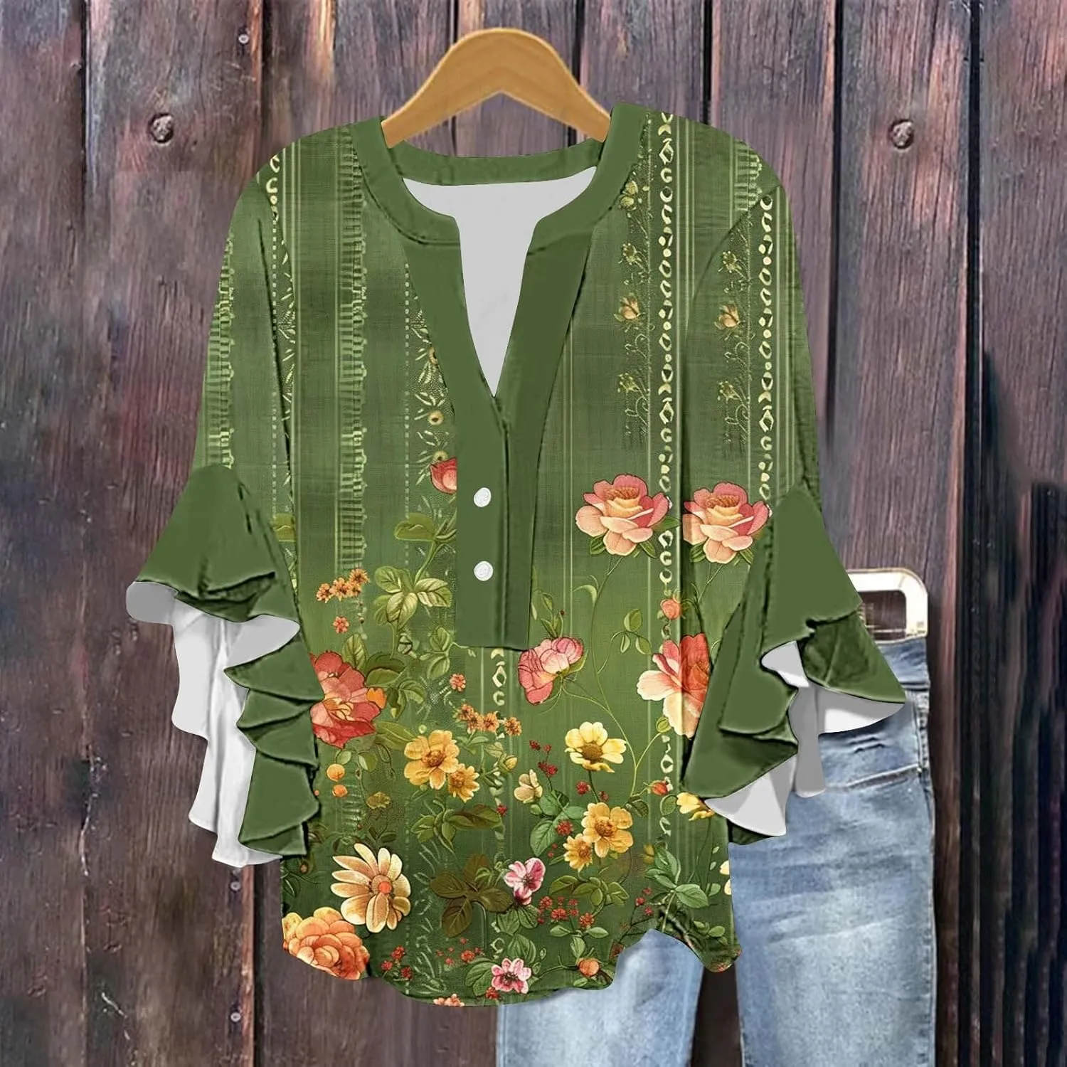 Womens Tops 3/4 Length Sleeves Floral Shirts Summer Flowy Ruffle Sleeve Tops Half Button Down Shirt V Neck Blouse