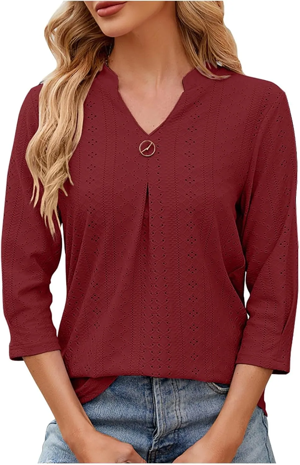Womens Tops Dressy Casual Puff Long Sleeve V Neck Work Shirt Eyelet Loose Tunic Blouse Trendy Hollow Out Cute Shirts