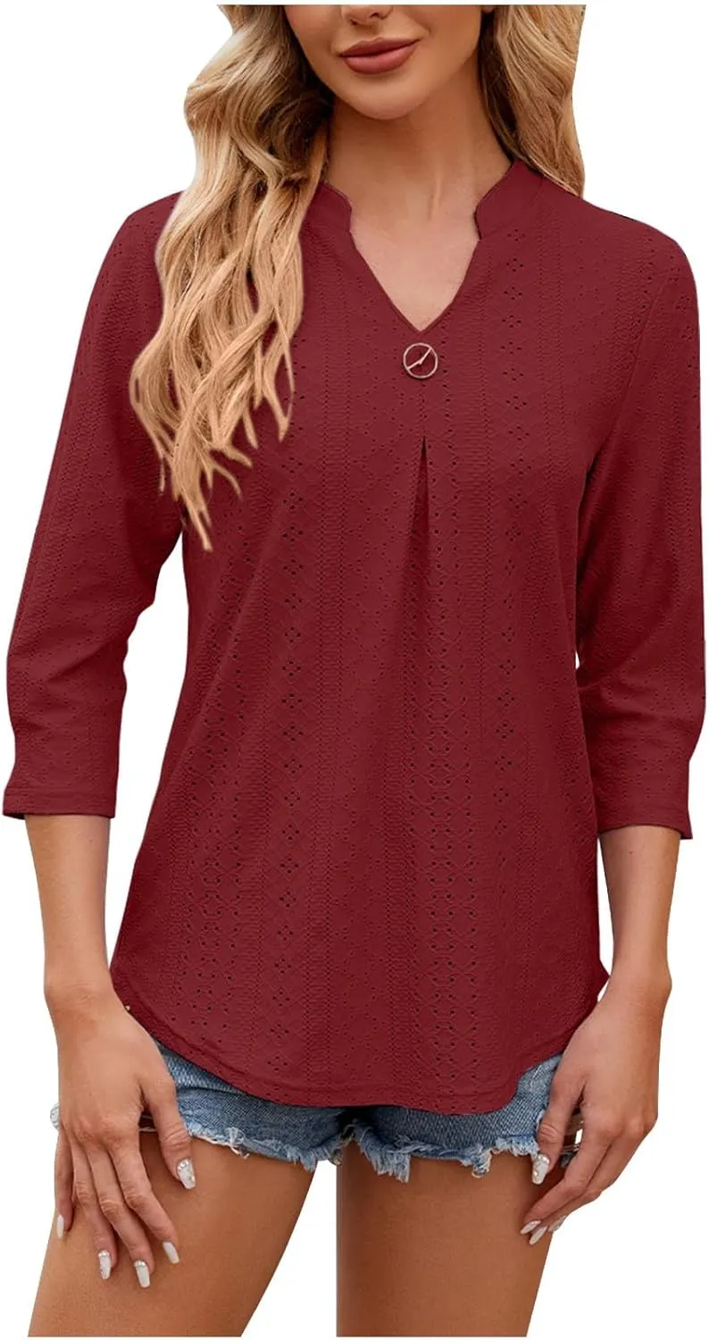 Womens Tops Dressy Casual Puff Long Sleeve V Neck Work Shirt Eyelet Loose Tunic Blouse Trendy Hollow Out Cute Shirts