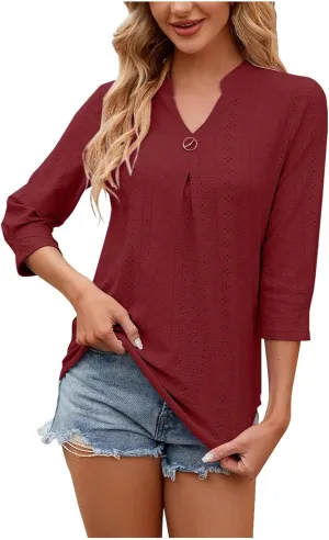Womens Tops Dressy Casual Puff Long Sleeve V Neck Work Shirt Eyelet Loose Tunic Blouse Trendy Hollow Out Cute Shirts