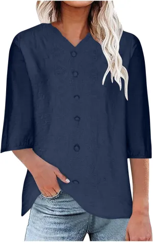 Women's V Neck Cotton Linen T Shirts Comfy Short Sleeve Loose Fit Blouses Casual Summer Trendy Basic Tops